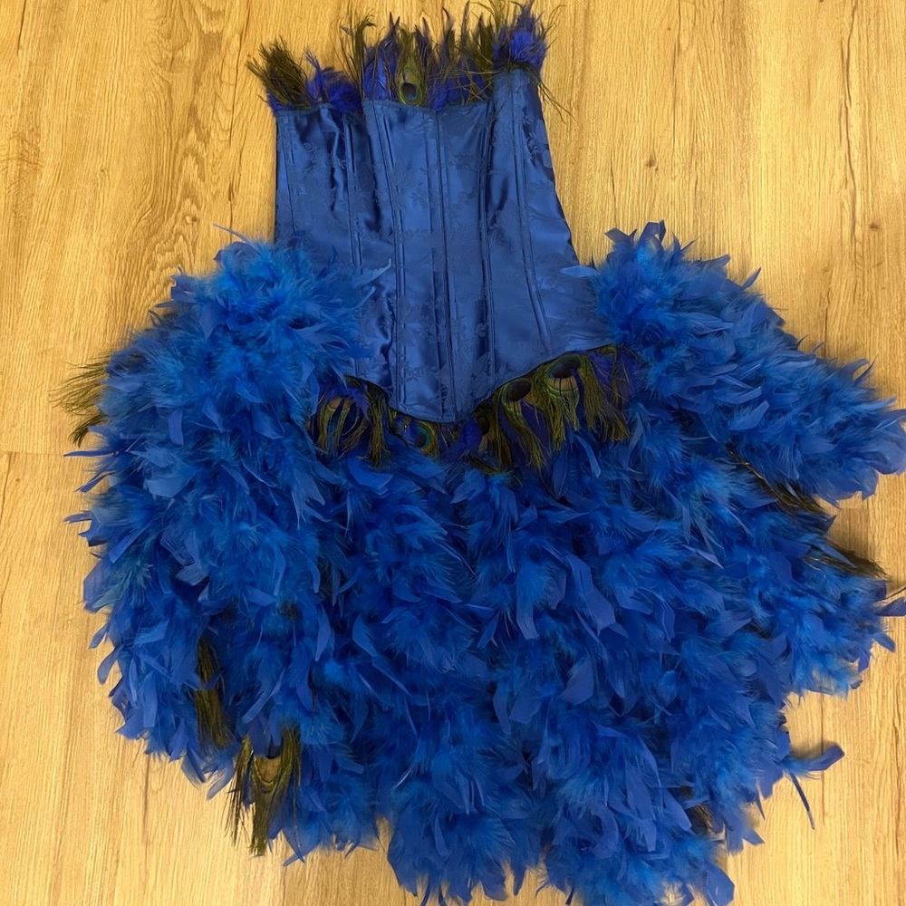 Royal Blue Peacock Feather Costume w/Feather Train - Picture 10 of 14